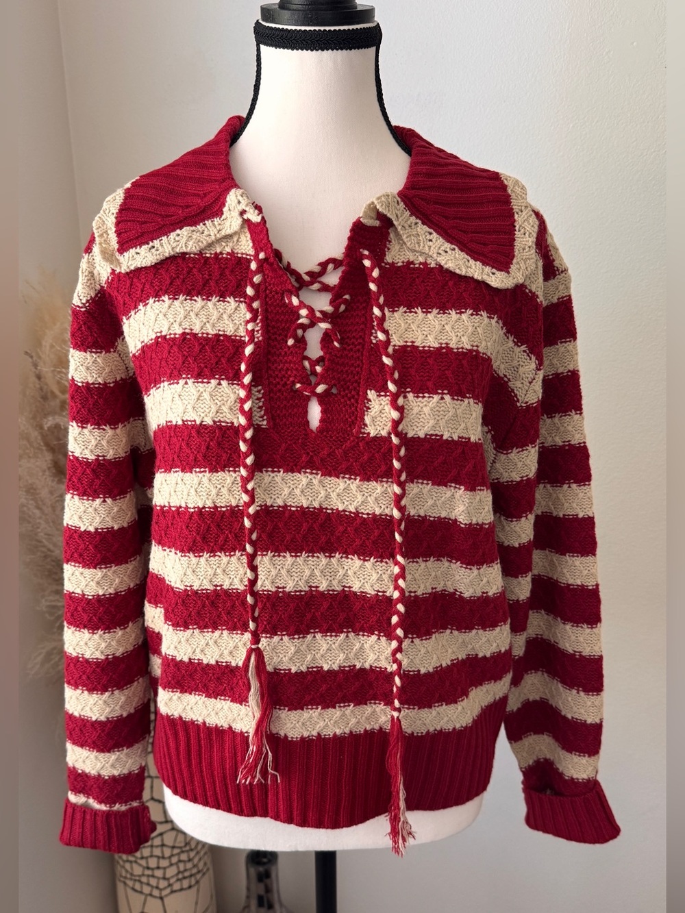Cider Red & Cream Striped Lace-Up V‑Neck Sweater